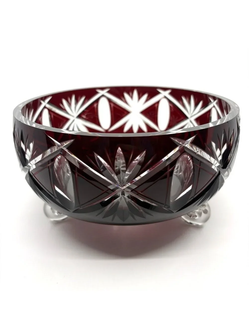 Vintage Bohemian Czech Ruby Cut to Clear Crystal Footed Centerpiece Bowl 8.5